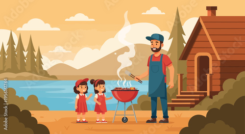 Father and daughters enjoying a barbecue outdoors.