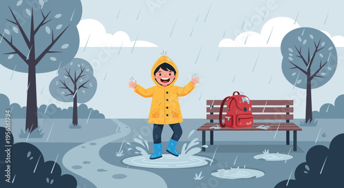 Joyful child in yellow raincoat jumping in puddles.