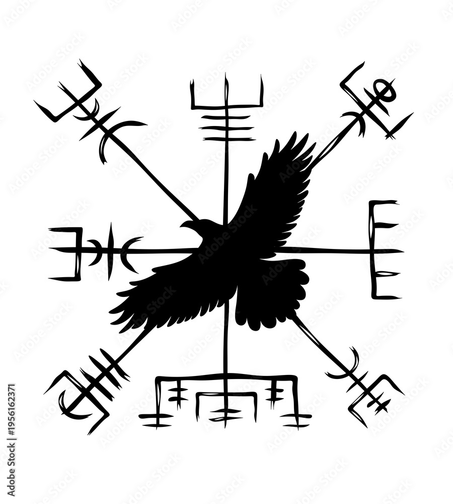 Fototapeta premium A mystical raven at the center of a runic compass on a transparent background. A symbol of northern magic, protection, the path, strength, and ancient symbols. A symbol of the Vikings and Norse magic