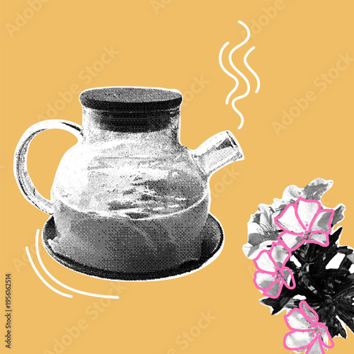 A teapot with a hot drink next to a blooming flower on a yellow background. Artistic collage with a halftone texture. Concept of a relaxing tea party, morning refreshment, and a cozy home. Vector