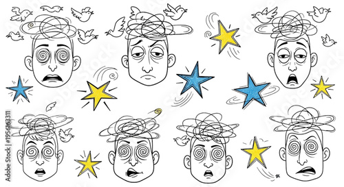 Dizzy Effect Doodle Cartoon Set Hand Drawn Faces Birds Stars Emotions Vector Illustration Pack