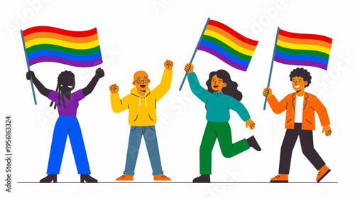 Pride Celebration with Diverse Happy People Holding Rainbow Flags Advocating for Lgbtq Equality