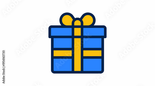 Flat Design Blue and Yellow Gift Box with Ribbon Icon