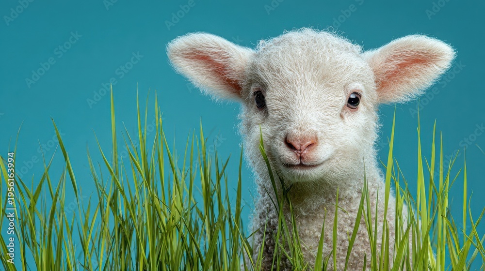 Obraz premium spring lamb green background on a blue background