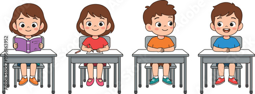Cute cartoon elementary school children sitting at desks reading and writing for educational back to school vector (17 words)