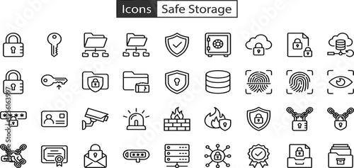 A diverse set of security and access control line icons, illustrating various protection concepts for digital and physical safeguarding applications