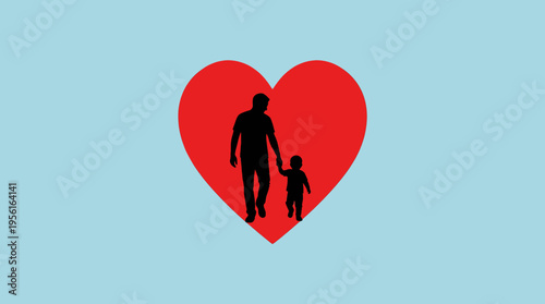 Father and Child Walking Together Inside a Large Red Heart Symbol of Love
