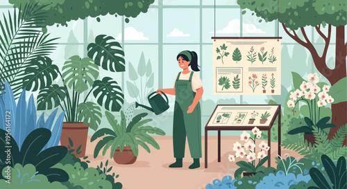 Woman watering plants in a greenhouse.
