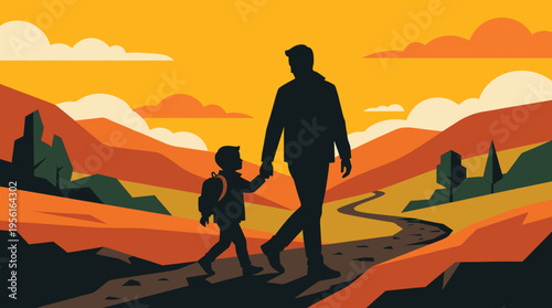 Father and Son Walking on Mountain Path During Sunset
