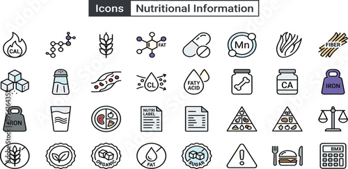 Set of nutritional information icons depicting food components, health, and dietary elements for wellness and healthy eating