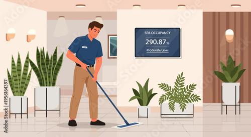 Man cleaning floor with mop in modern office interior.