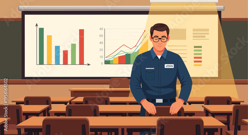 Man in blue shirt presenting business data on screen.