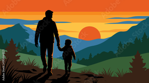 Father and Son Silhouette Walking at Sunset in Mountains
