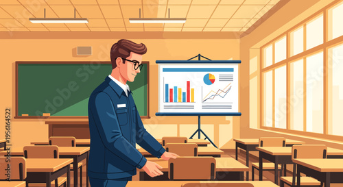 Man in Suit Presenting Data in Classroom Setting.