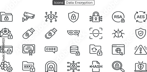 Cybersecurity and Data Encryption Icons Set Protecting Digital Information