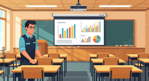 Man in glasses presenting charts in classroom.