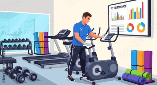 Man operating exercise bike in gym.