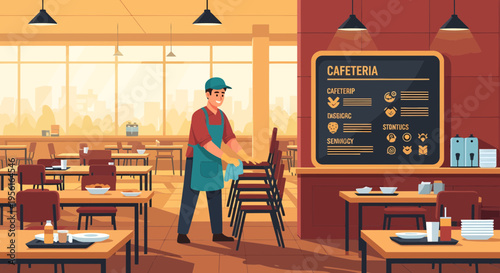 Man stacking chairs in a cafeteria setting.