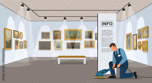 Man working in art gallery setting.