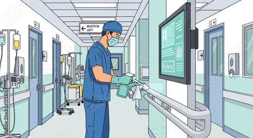 Medical professional in scrubs and mask preparing for work.