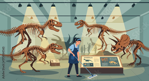 Museum cleaner diligently works among dinosaur skeletons.