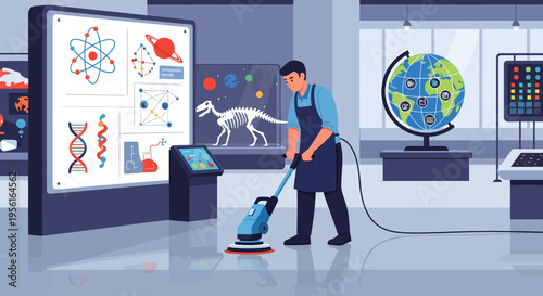 Museum cleaner vacuuming the floor with exhibits in background.