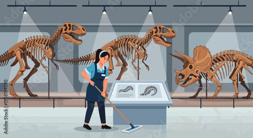 Museum cleaner working diligently among dinosaur skeletons.