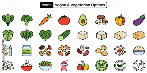 Comprehensive collection of vegan and vegetarian food icons, featuring a wide variety of fresh vegetables, plant-based proteins, and healthy meal options for a balanced diet