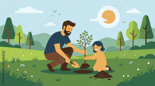Father and Daughter Planting a Tree Together in a Park During Sunny Day