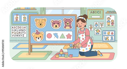 Teacher teaching children shapes and animals in classroom.