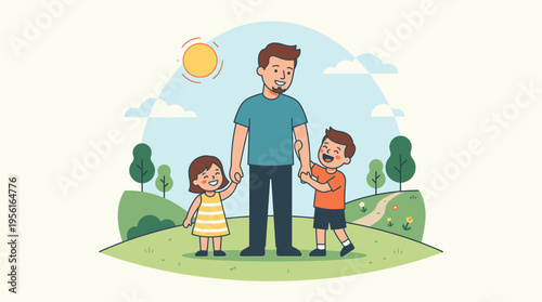 Family Father with Two Young Children Holding Hands and Walking Happily in a Sunny Park