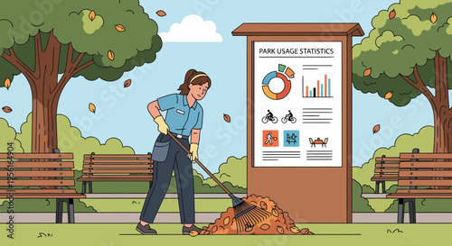 Woman cleaning park with rake and leaves.