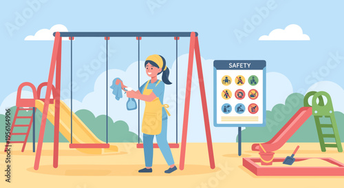 Woman cleaning playground equipment with cloth.