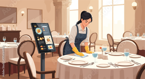 Woman cleaning restaurant table with digital menu.