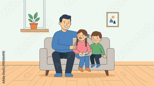 Family Father and Two Children Sitting Happily on a Sofa Reading a Book Together at Home
