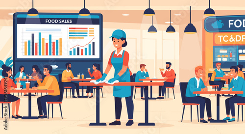 Woman cleaning table in busy restaurant with sales chart.