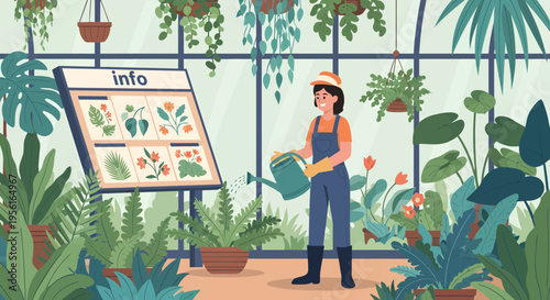 Woman gardener watering plants in a greenhouse with an information board.