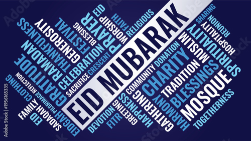 Eid Mubarak Word Cloud Design for Poster, Flyer, Social Media Banner. Eid Mubarak blue diagonal typography