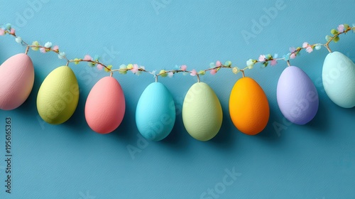 easter garland green backdrop on a blue background