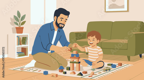 Father and Son Playing with Colorful Blocks on a Rug at Home