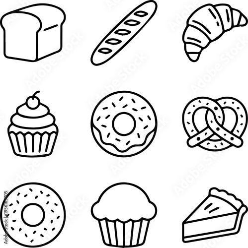 Bakery and pastry icon set with bread croissant and donuts for bake shop branding