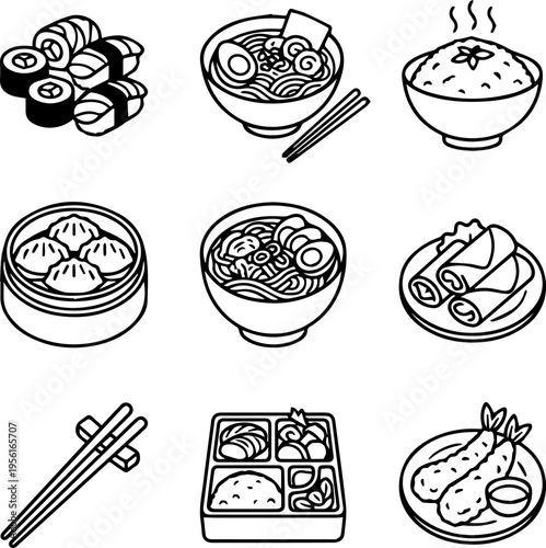 Asian food icon set with sushi ramen dim sum and bento box for restaurant menu design
