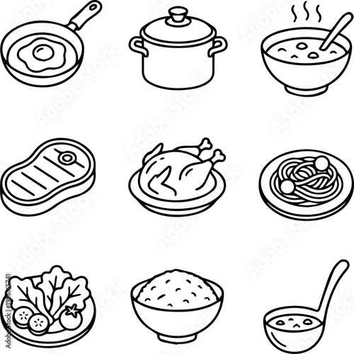 Cooking and home meal icon set with pot pan steak and chicken for recipe book illustration
