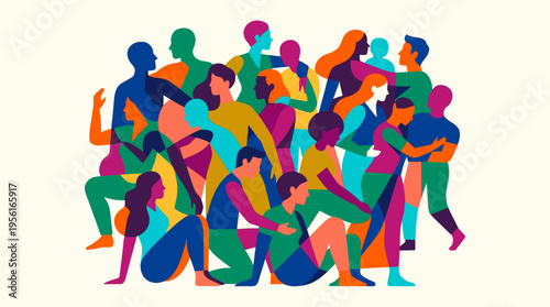 Diversity of People in a Vibrant Abstract Illustration Promoting Community and Inclusion