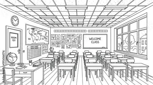 Empty elementary school classroom vector illustration with student desks teacher workspace globe world map and welcome chalkboard.