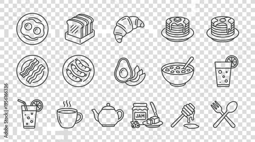 A collection of black and white line art icons depicting various breakfast foods and drinks, including eggs, toast, pancakes, bacon, avocado, cereal, tea, and juice.