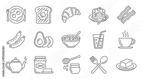 Line art icons of various breakfast foods and drinks including eggs, toast, pancakes, coffee, tea, and more, presented in a clean, minimalist style.