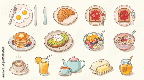 A delightful collection of various breakfast foods and beverages, including eggs, pancakes, toast, fruit, coffee, and juice, in a charming cartoon style.