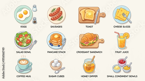 A delightful collection of breakfast food items including eggs, sausages, toast, pancakes, croissant, salad, coffee, and juice.