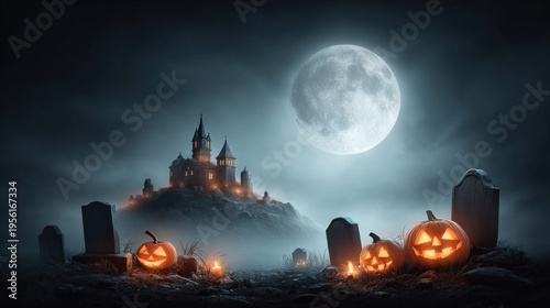 spooky halloween night scene with pumpkins, castle, and full moon